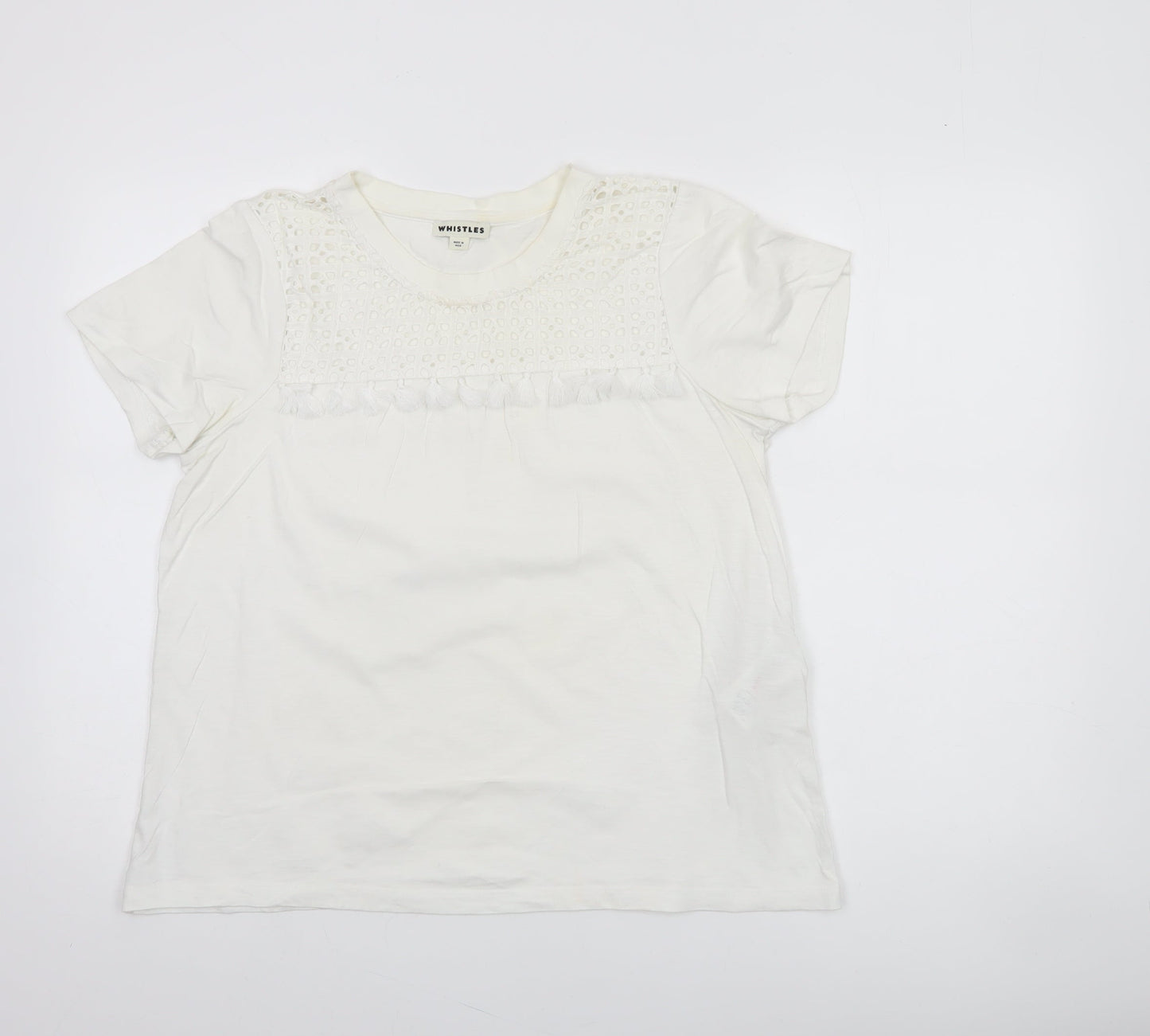 Whistles Women's White Cotton Crochet Detail T-Shirt UK 12