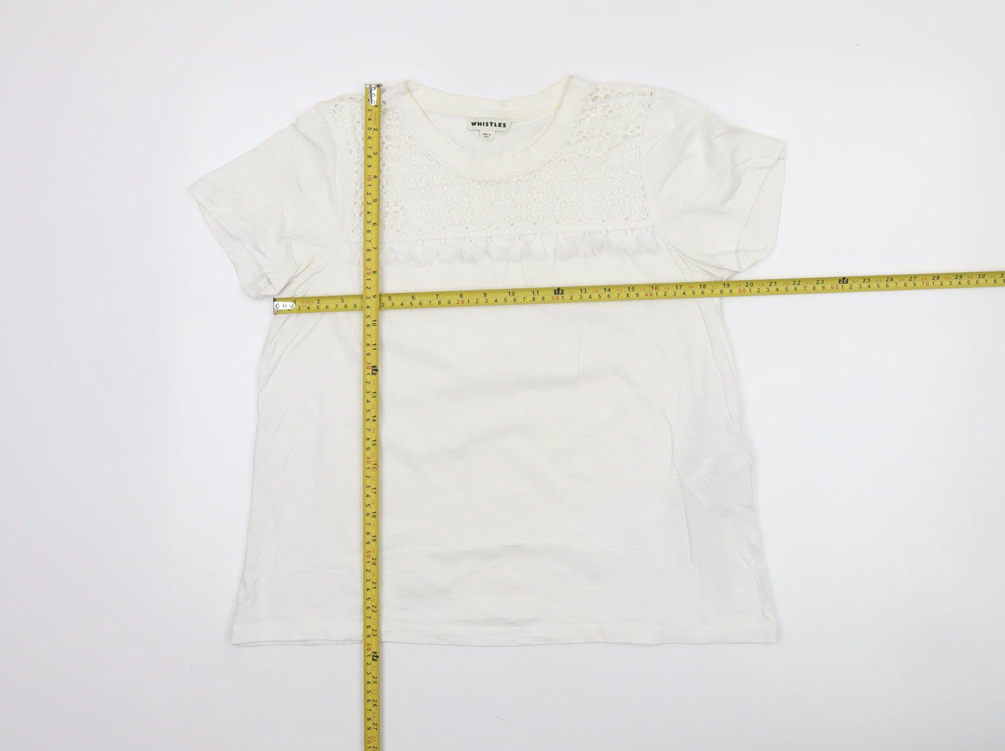 Whistles Women's White Cotton Crochet Detail T-Shirt UK 12