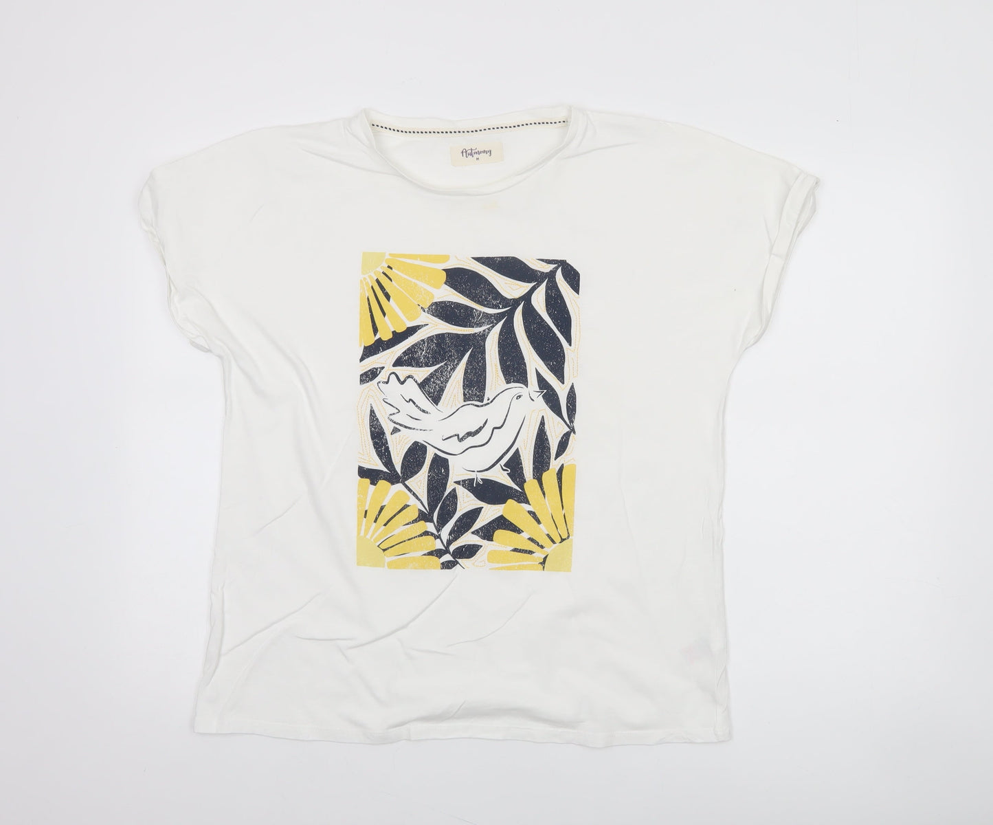 Autonomy Women’s White Floral Bird Print Cotton T-Shirt M