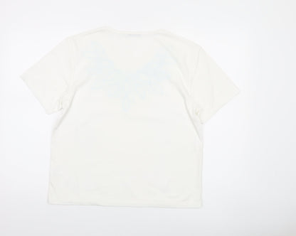 Poppy Womens White Floral V-Neck Short Sleeve T-Shirt Size 14