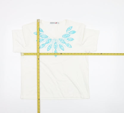 Poppy Womens White Floral V-Neck Short Sleeve T-Shirt Size 14