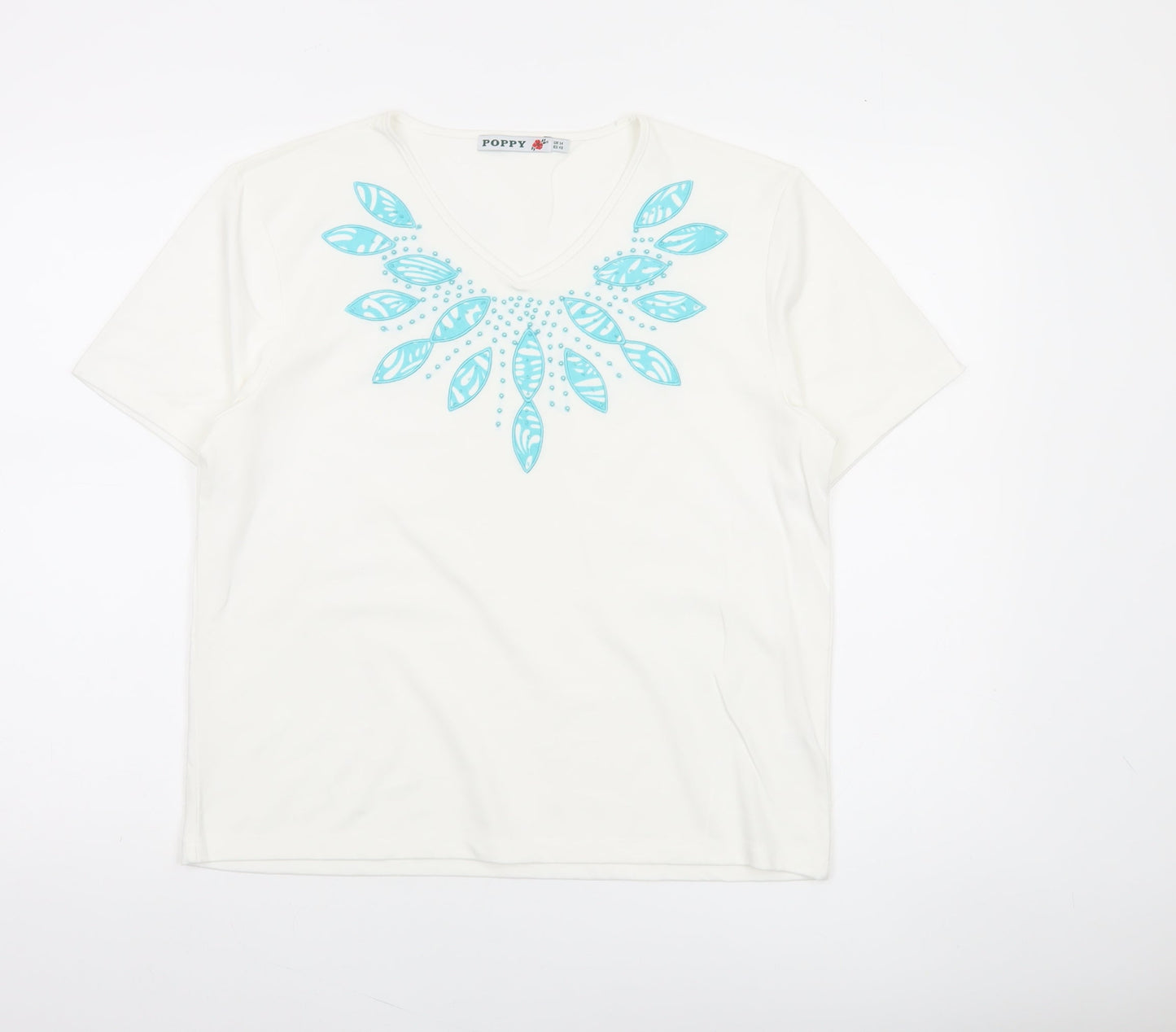 Poppy Womens White Floral V-Neck Short Sleeve T-Shirt Size 14