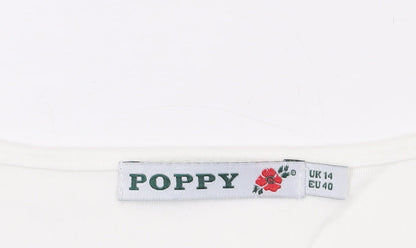 Poppy Womens White Floral V-Neck Short Sleeve T-Shirt Size 14