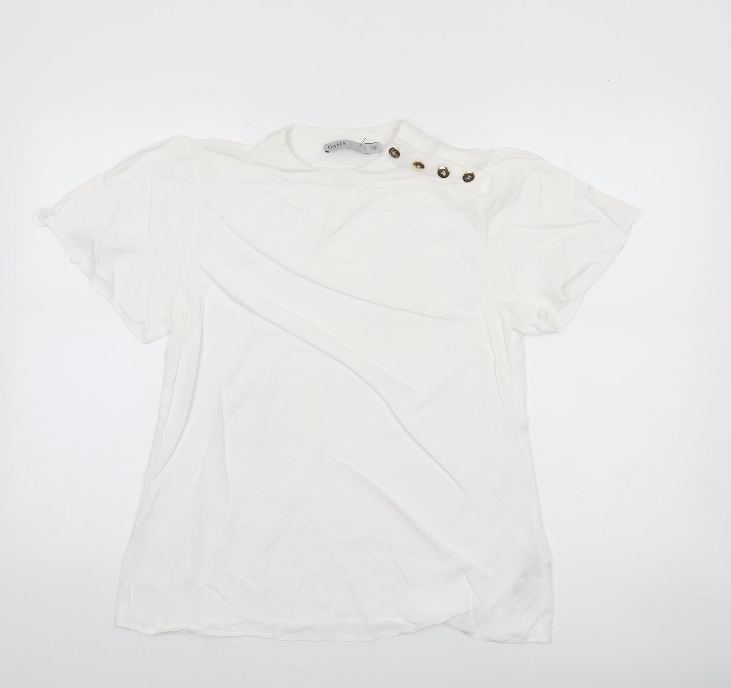 Oasis Women’s White Short Sleeve High Neck Button Detail Blouse Size 10
