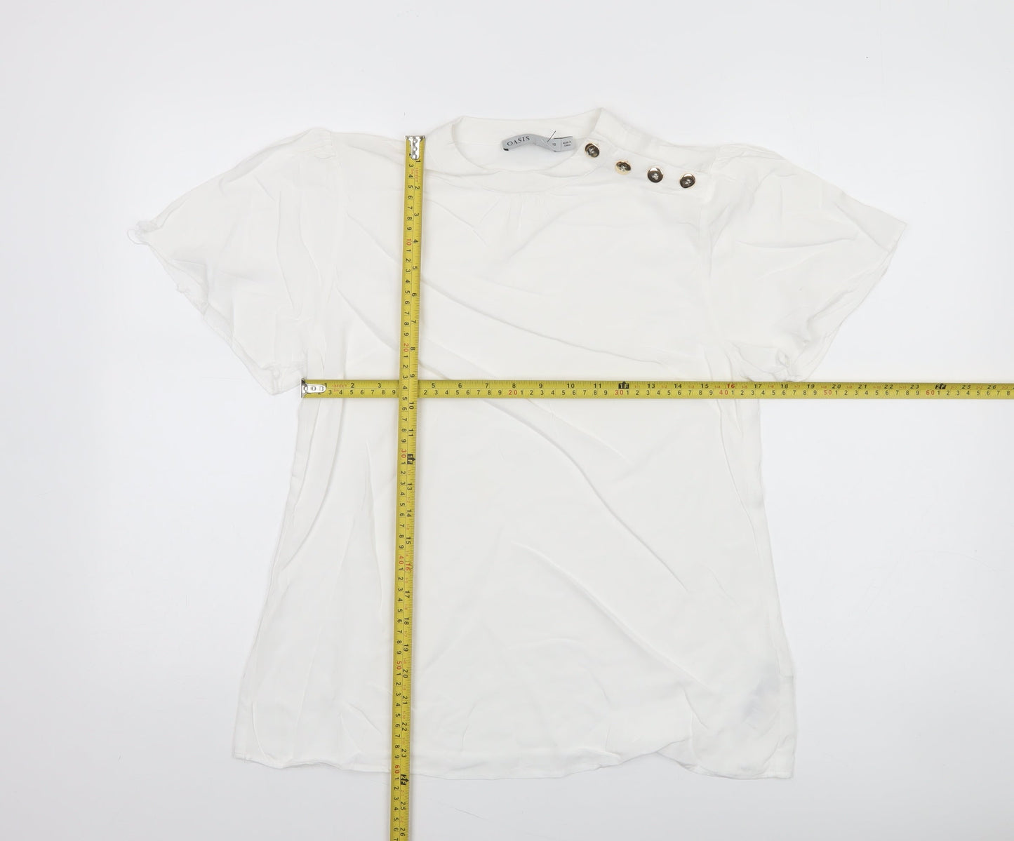 Oasis Women’s White Short Sleeve High Neck Button Detail Blouse Size 10