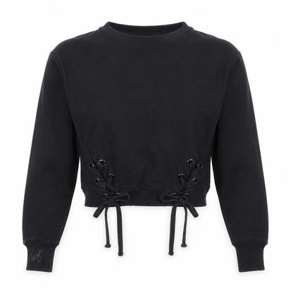 Find Black Lace-Up Hem Crew Neck Pullover Sweatshirt XS Women