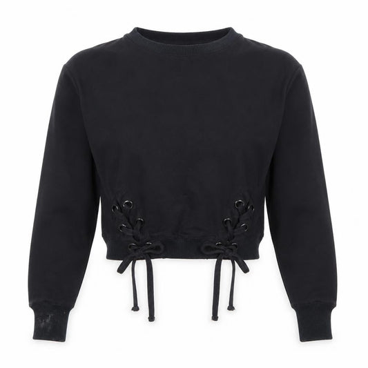 Find Black Lace-Up Hem Crew Neck Pullover Sweatshirt XS Women