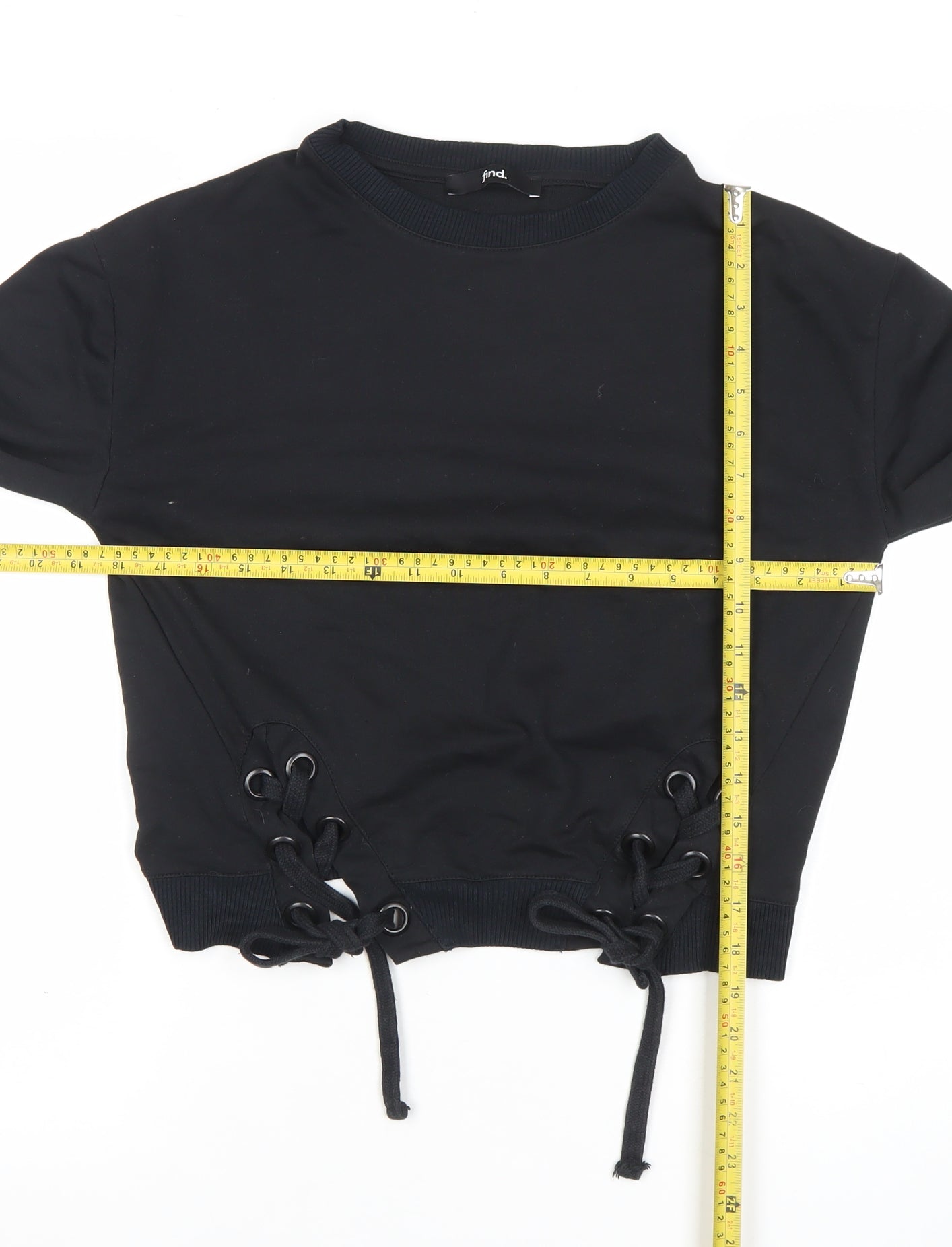 Find Black Lace-Up Hem Crew Neck Pullover Sweatshirt XS Women