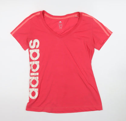 Adidas Womens Pink Short Sleeve V-Neck Climalite T-Shirt Size M 12-14