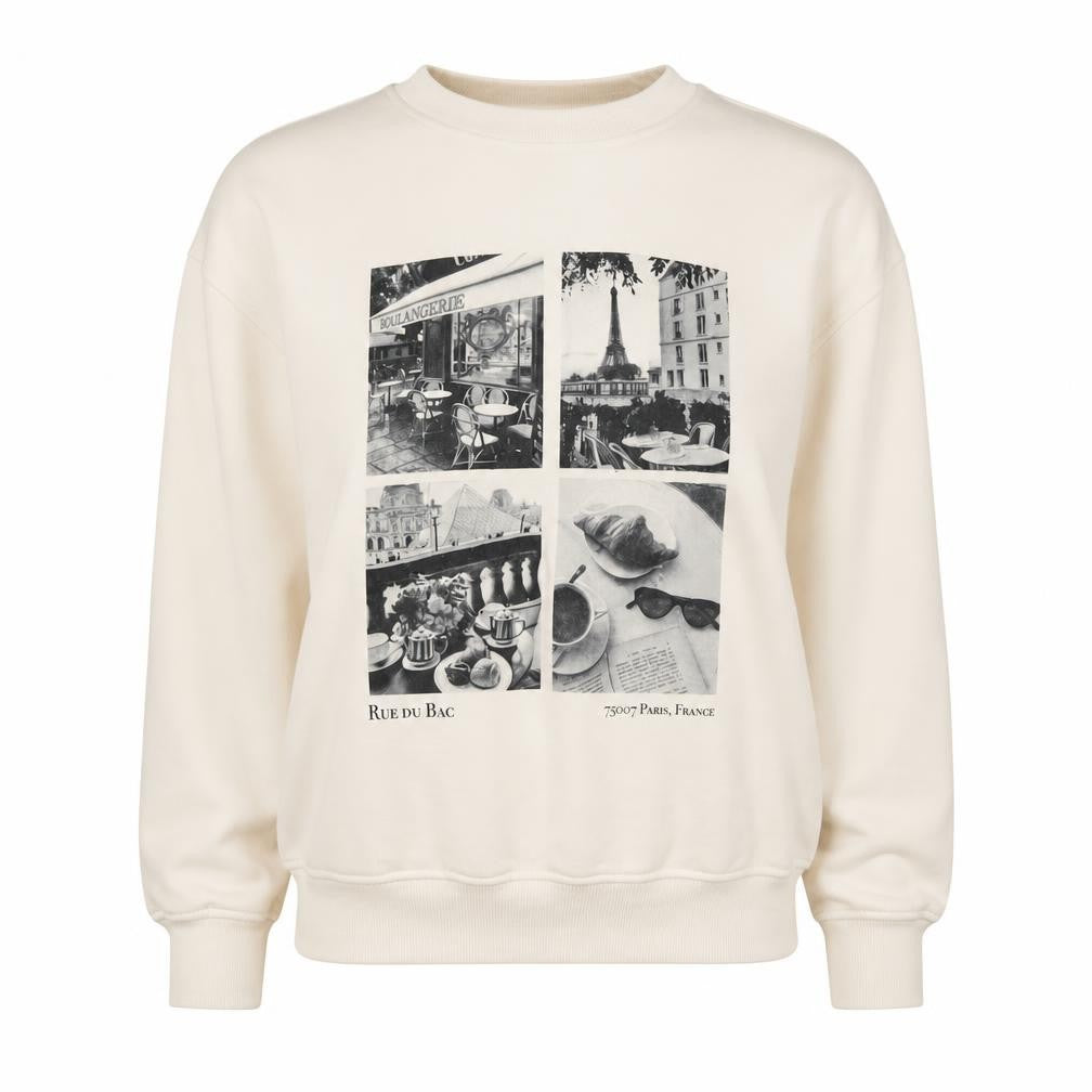 Front view of Dunnes Women Beige XS Graphic Paris Print Pullover Sweatshirt