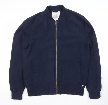 Solid Men Blue L Bomber Jacket Full Zip Polyester Lined Casual