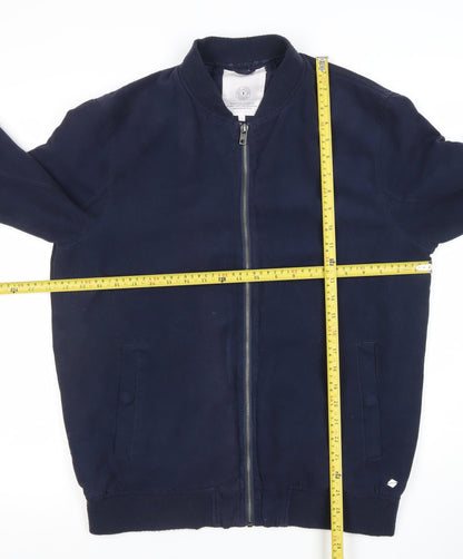 Solid Men Blue L Bomber Jacket Full Zip Polyester Lined Casual