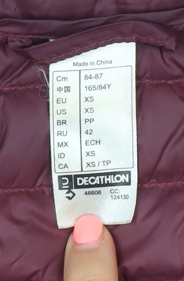 Decathlon Women's Red Hooded Puffer Jacket XS Lightweight Down Warm Coat