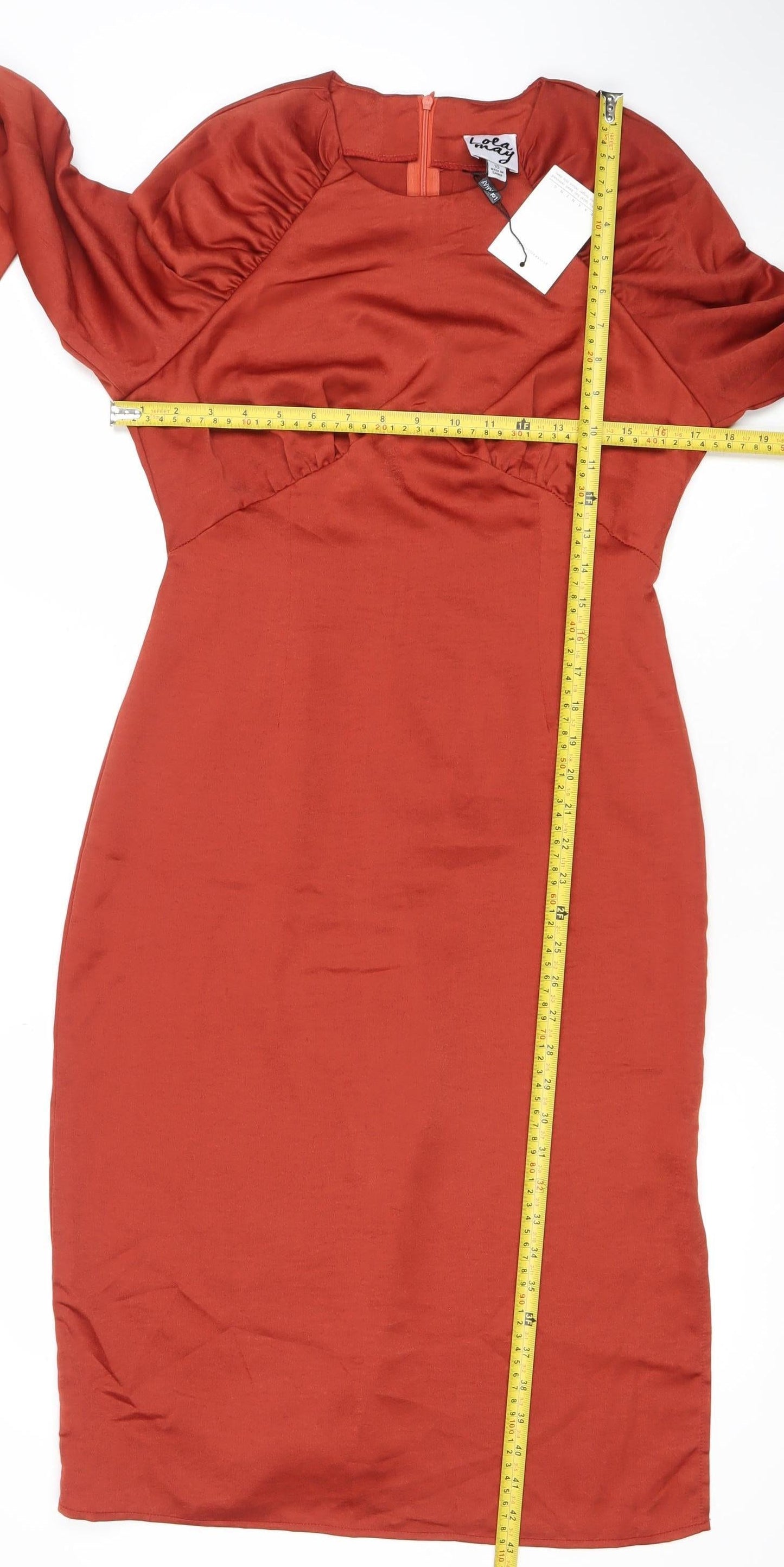 Lola May Women Red Knee Length Bodycon Dress Size 10 Long Sleeve