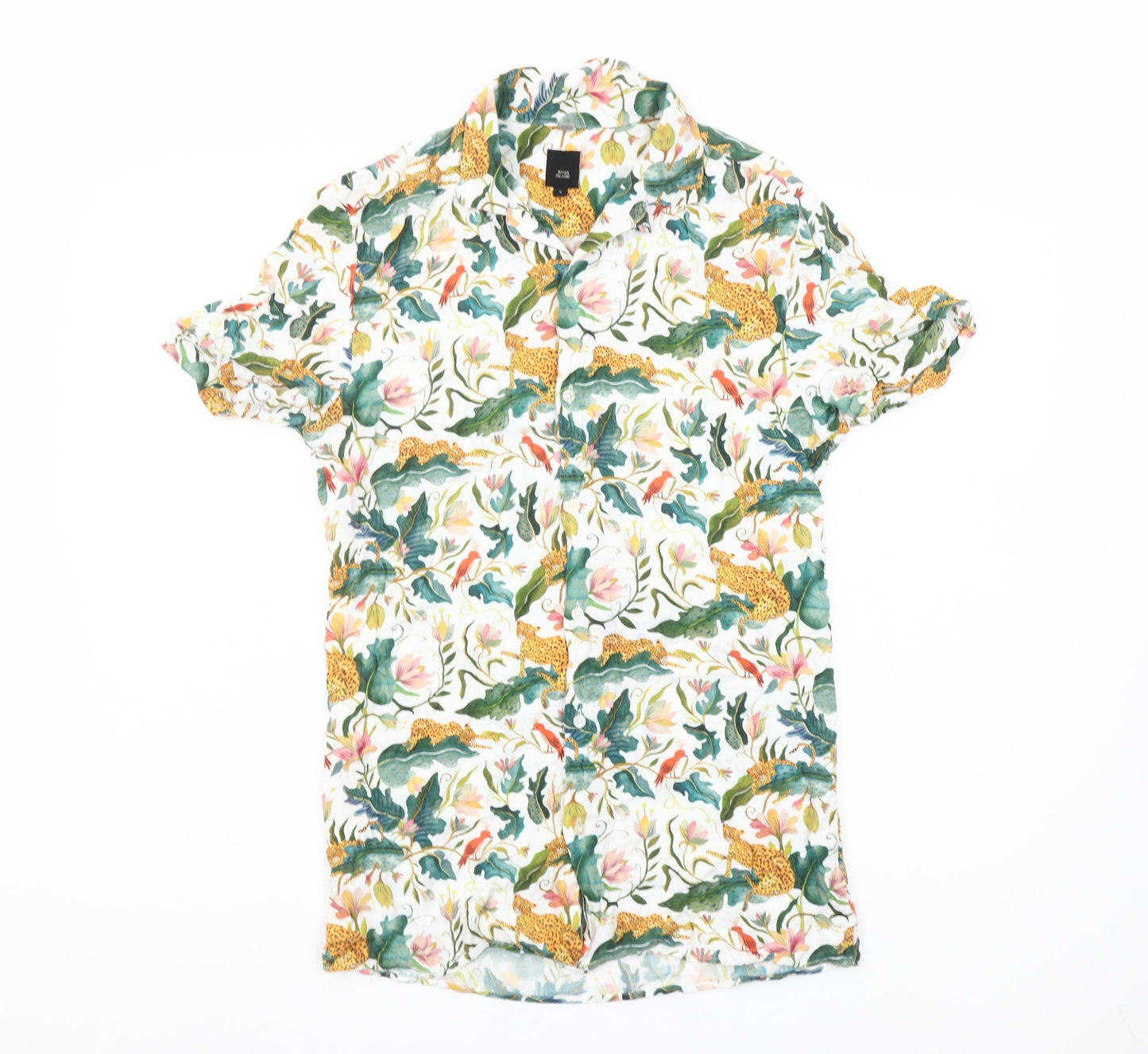 River Island Men’s Multicoloured Tropical Animal Print Short Sleeve Button-Up Shirt Size S