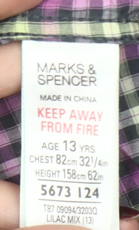 Marks and Spencer Boys Lilac Check Long Sleeve Button-Up Shirt Age 13