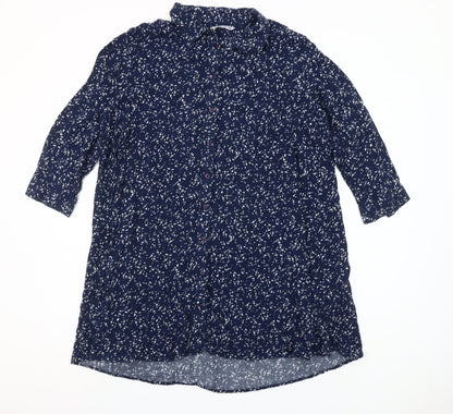 Lefties Womens Blue Floral 3/4 Sleeve Tunic Button-Up Shirt Size 12