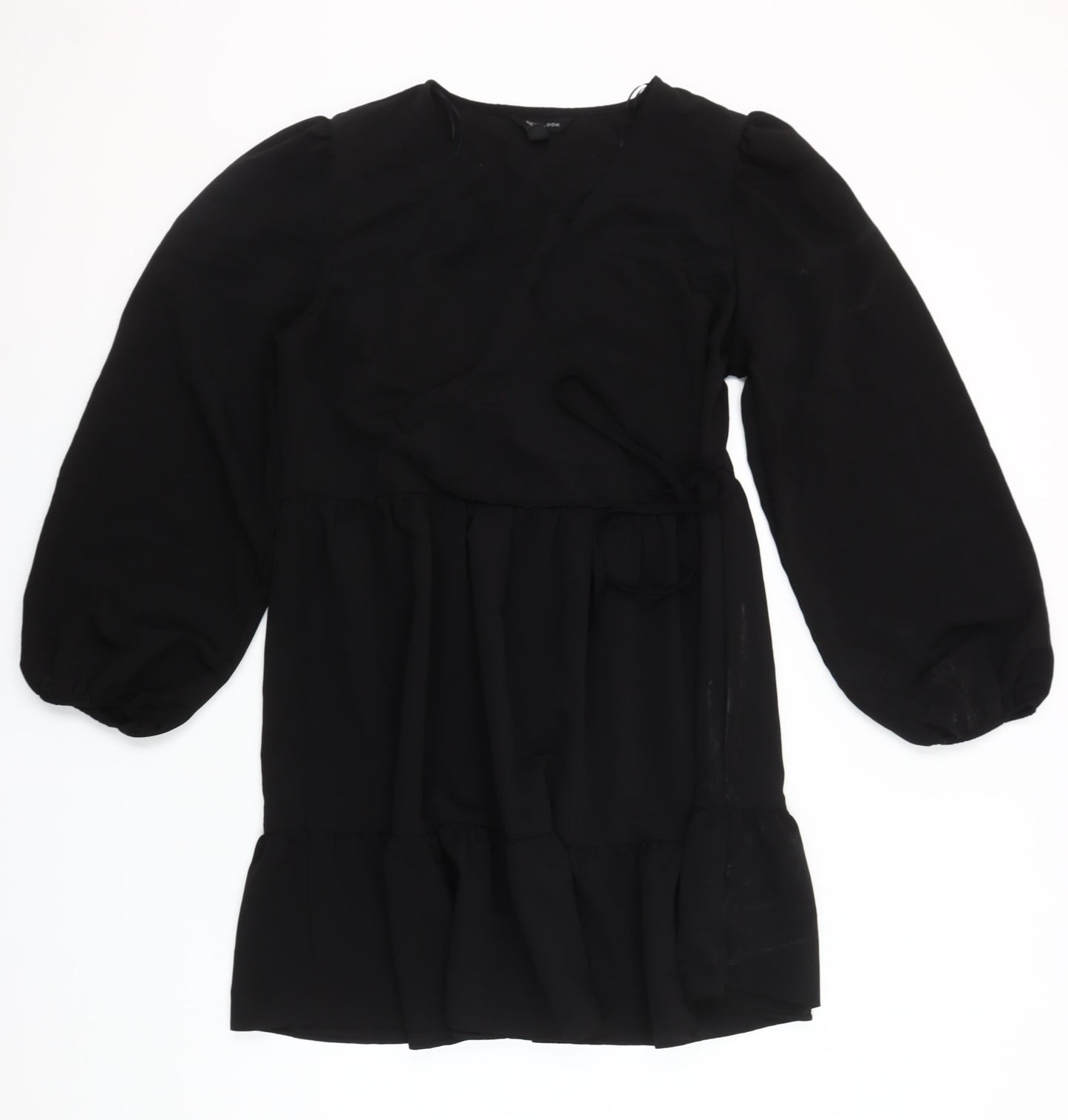 New Look Women’s Black Chiffon Wrap Dress Size 12 Long Sleeve Ruffle Hem