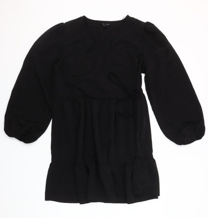 New Look Women’s Black Chiffon Wrap Dress Size 12 Long Sleeve Ruffle Hem
