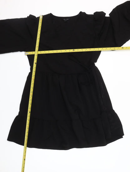 New Look Women’s Black Chiffon Wrap Dress Size 12 Long Sleeve Ruffle Hem