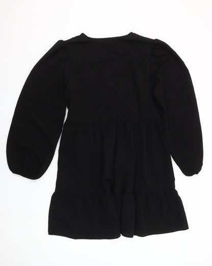 New Look Women’s Black Chiffon Wrap Dress Size 12 Long Sleeve Ruffle Hem