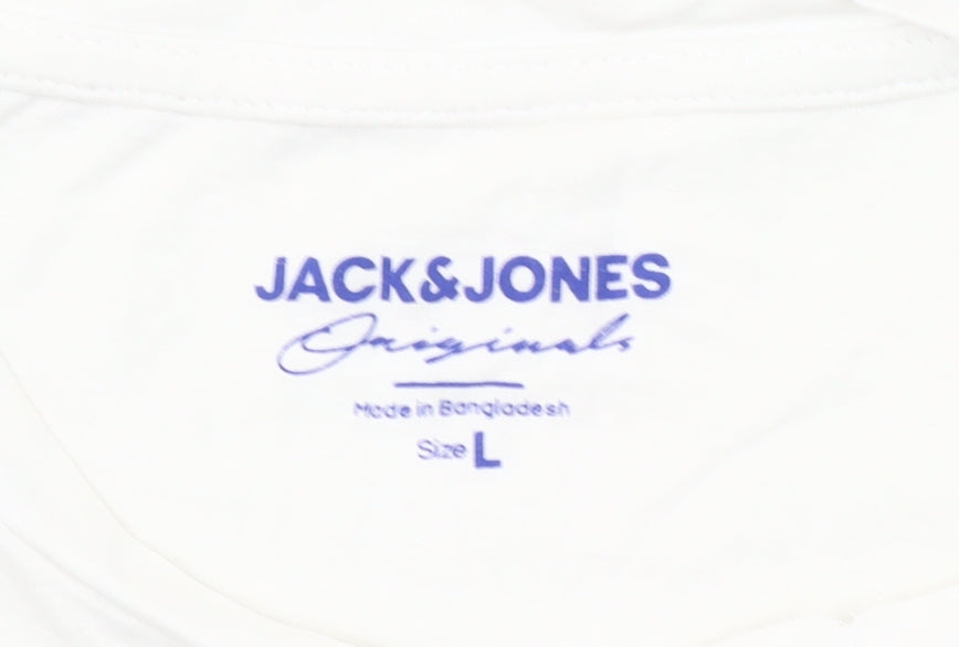 Jack & Jones Mens White Graphic Print Cotton Crew Neck T-Shirt L