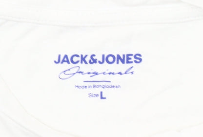 Jack & Jones Mens White Graphic Print Cotton Crew Neck T-Shirt L