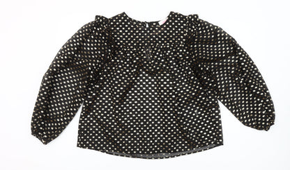 Savida Women’s Black Gold Polka Dot Long Sleeve Ruffle Blouse Size 10