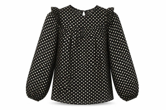 Savida Women’s Black Gold Polka Dot Long Sleeve Ruffle Blouse Size 10
