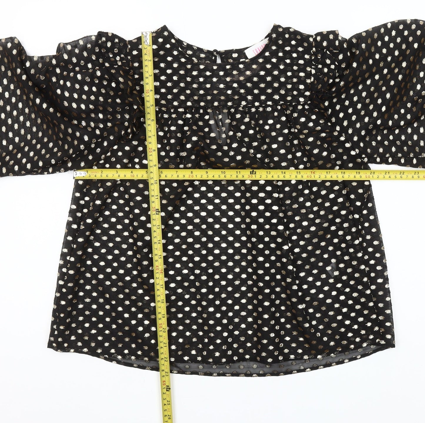 Savida Women’s Black Gold Polka Dot Long Sleeve Ruffle Blouse Size 10
