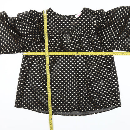 Savida Women’s Black Gold Polka Dot Long Sleeve Ruffle Blouse Size 10
