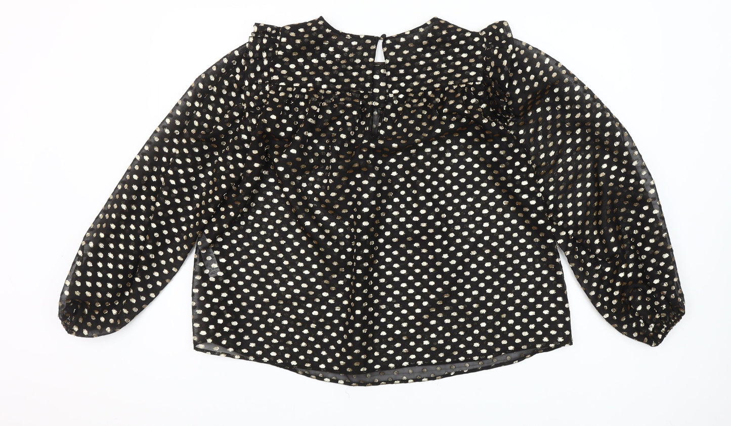 Savida Women’s Black Gold Polka Dot Long Sleeve Ruffle Blouse Size 10
