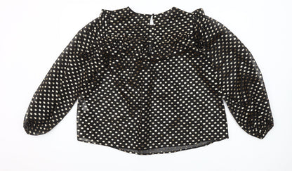 Savida Women’s Black Gold Polka Dot Long Sleeve Ruffle Blouse Size 10