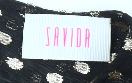 Savida Women’s Black Gold Polka Dot Long Sleeve Ruffle Blouse Size 10