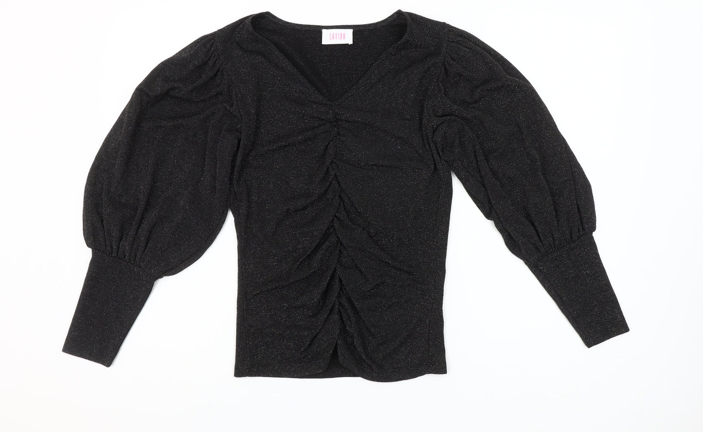 Savida Women Black Puff Sleeve V-Neck Ruched Blouse Size 10