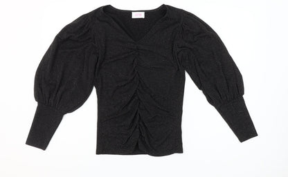 Savida Women Black Puff Sleeve V-Neck Ruched Blouse Size 10