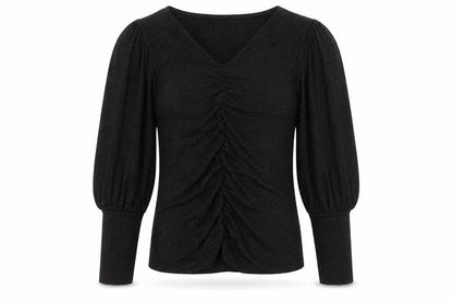 Savida Women Black Puff Sleeve V-Neck Ruched Blouse Size 10