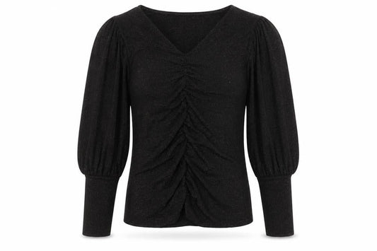 Savida Women Black Puff Sleeve V-Neck Ruched Blouse Size 10