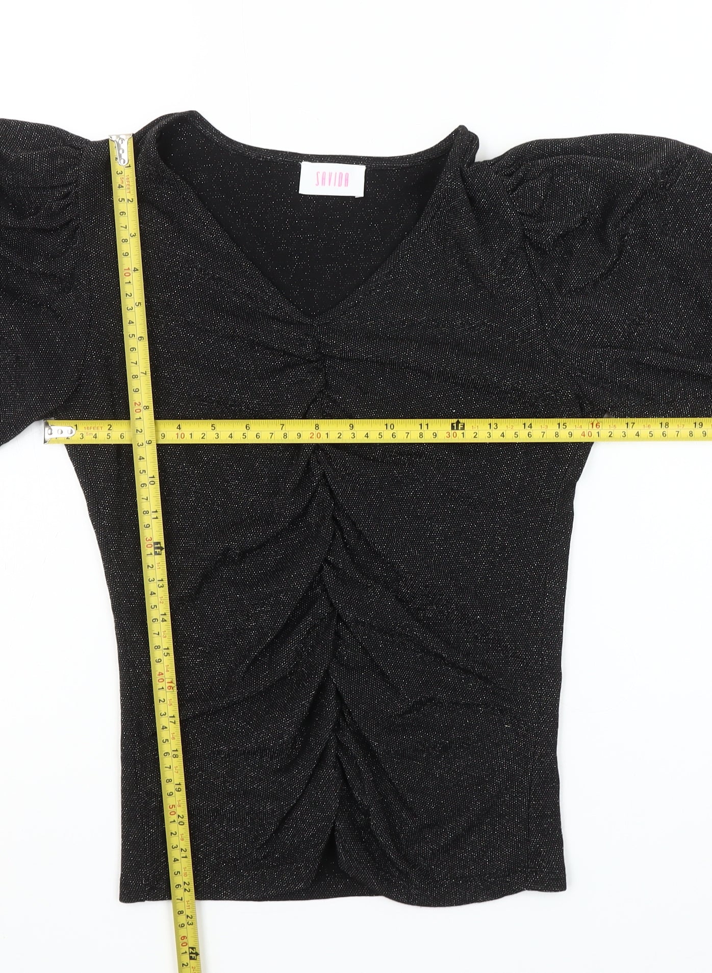 Savida Women Black Puff Sleeve V-Neck Ruched Blouse Size 10