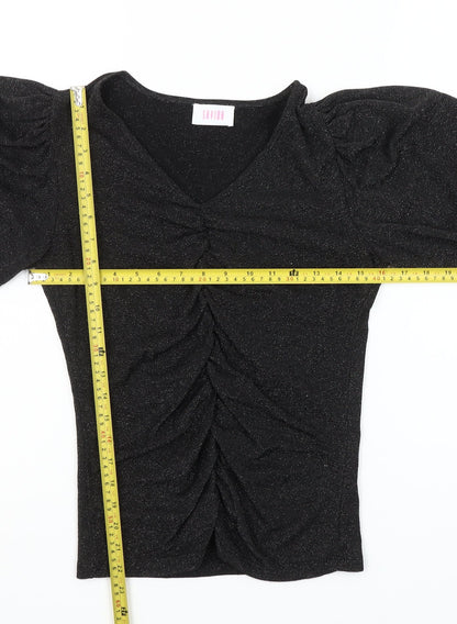 Savida Women Black Puff Sleeve V-Neck Ruched Blouse Size 10