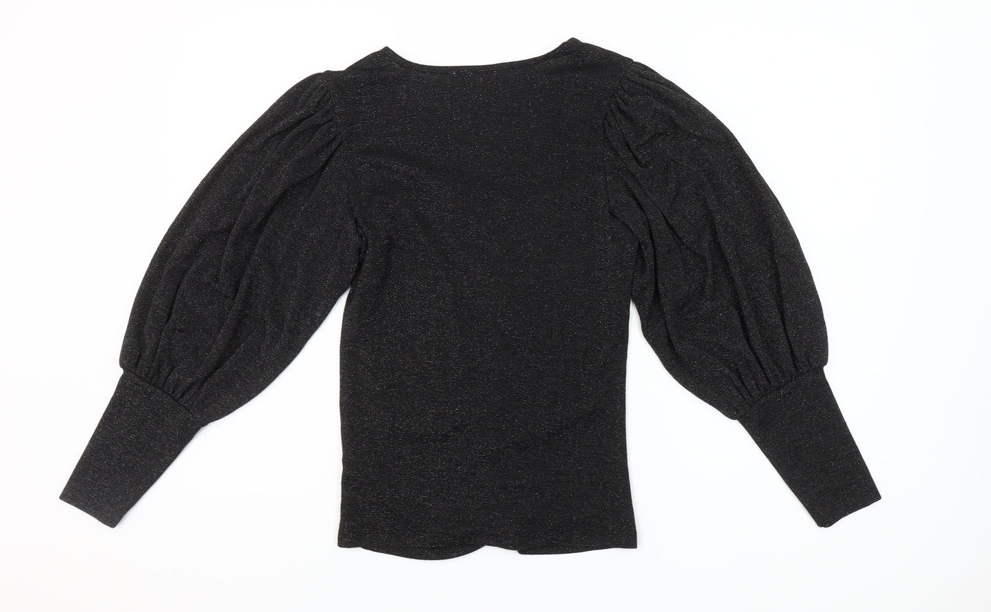 Savida Women Black Puff Sleeve V-Neck Ruched Blouse Size 10