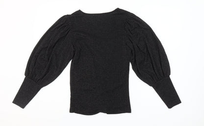 Savida Women Black Puff Sleeve V-Neck Ruched Blouse Size 10