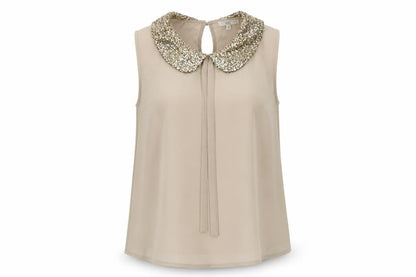 New Look Women's Beige Sequin Collar Sleeveless Blouse Size S