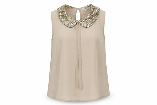 New Look Women's Beige Sequin Collar Sleeveless Blouse Size S