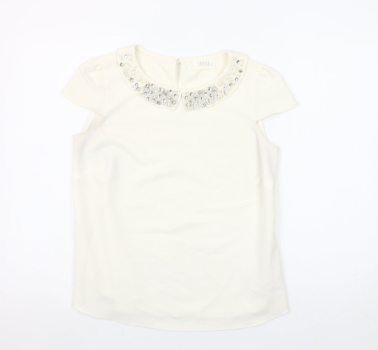 Savida Women’s Ivory Beaded Collar Short Sleeve Blouse UK 10