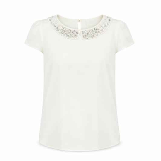 Savida Women’s Ivory Beaded Collar Short Sleeve Blouse UK 10
