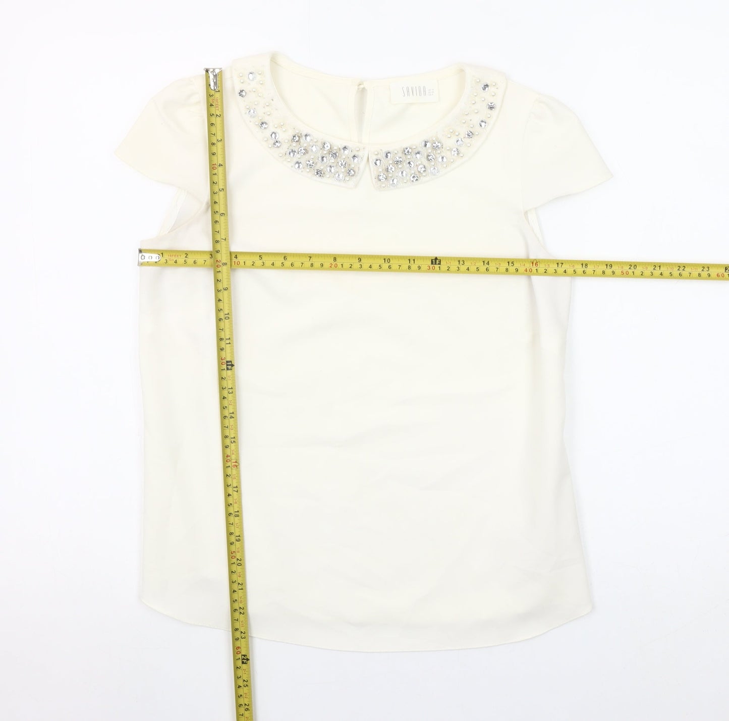 Savida Women’s Ivory Beaded Collar Short Sleeve Blouse UK 10