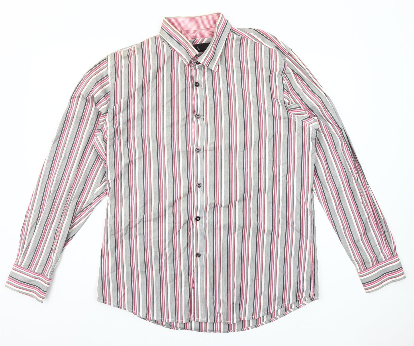 DV8 Men’s Grey Pink Striped Long Sleeve Cotton Button-Up Shirt Size L