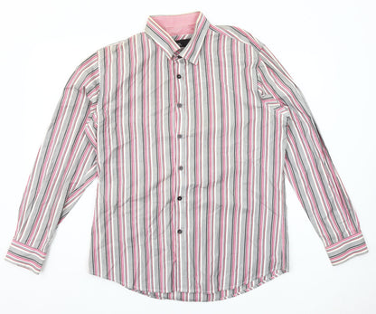 DV8 Men’s Grey Pink Striped Long Sleeve Cotton Button-Up Shirt Size L