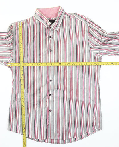 DV8 Men’s Grey Pink Striped Long Sleeve Cotton Button-Up Shirt Size L
